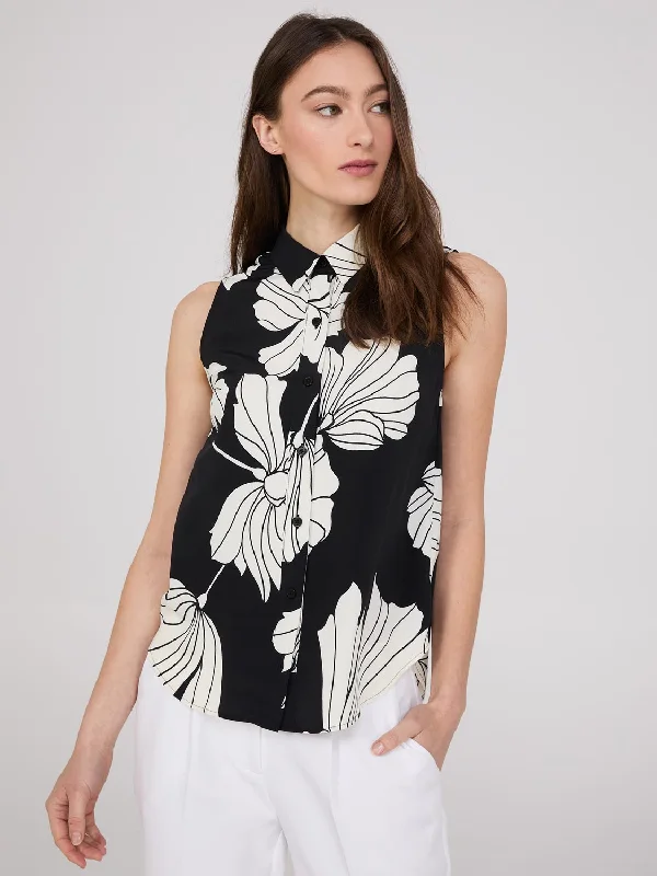 Sleeveless Floral Print Button-Front Blouse