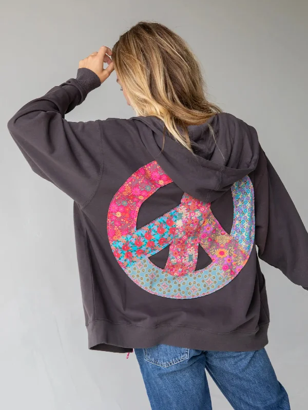 Applique Zip-Up Hoodie - Charcoal Peace