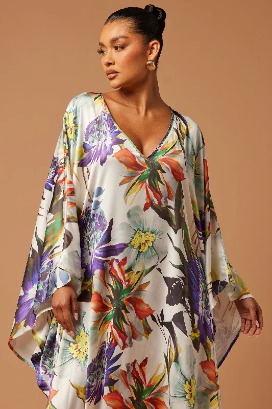 Athens Satin Kaftan Dress - White/combo