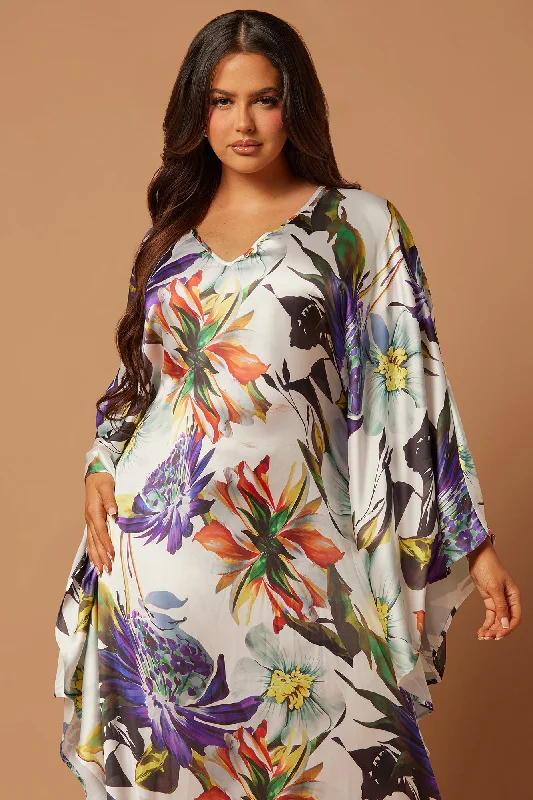 Athens Satin Kaftan Dress - White/combo