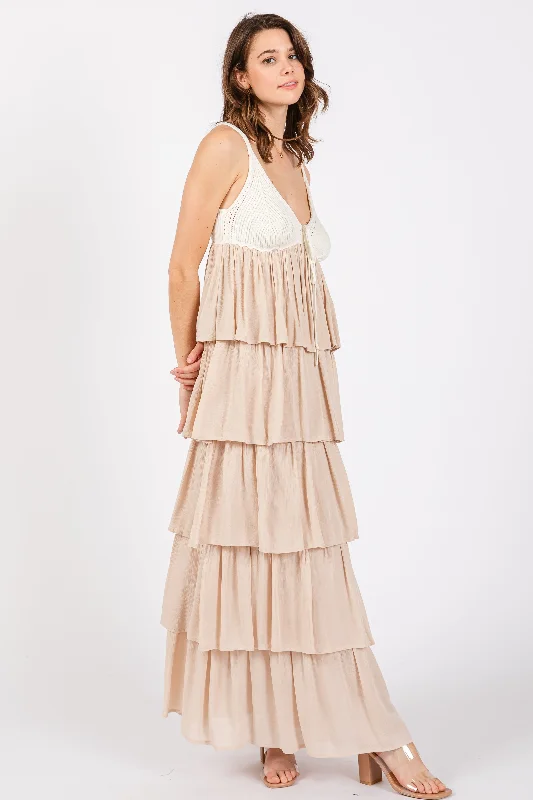 Beige Colorblock Crochet Tiered Maxi Dress