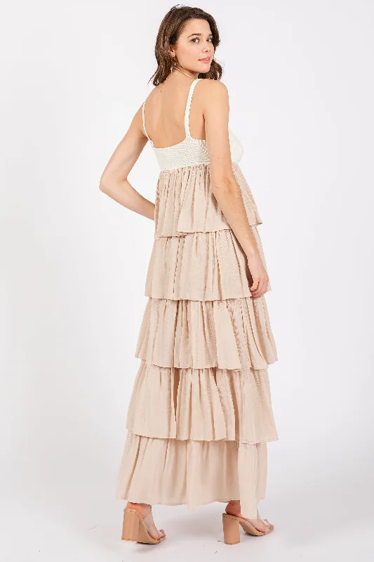 Beige Colorblock Crochet Tiered Maxi Dress