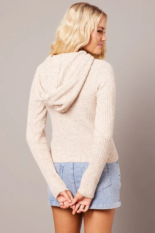 Beige Knit Top Long Sleeve Hoodie