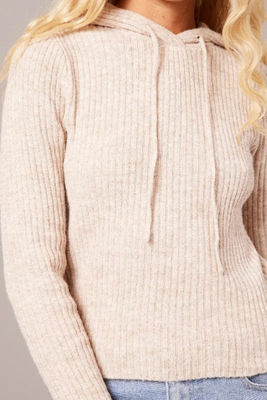 Beige Knit Top Long Sleeve Hoodie