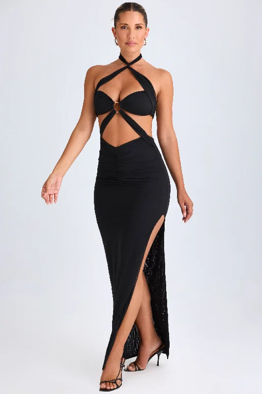 Hardware Detail Cut-Out Halterneck Maxi Dress in Black