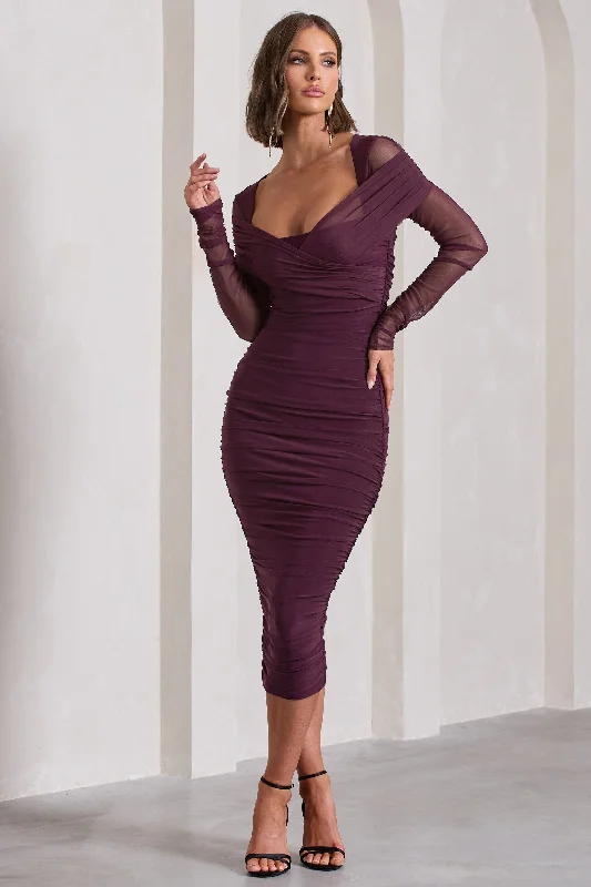 Between The Lines | Plum Ruched Mesh Long-Sleeved Bodycon Midi Dress