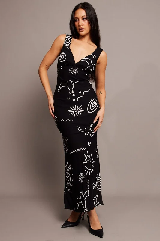 Black Abstract Maxi Dress Plunge V Neck Dress