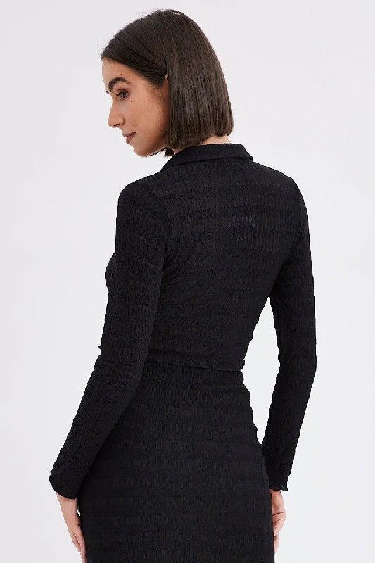 Black Crop Shirt Long Sleeve Collar Textured