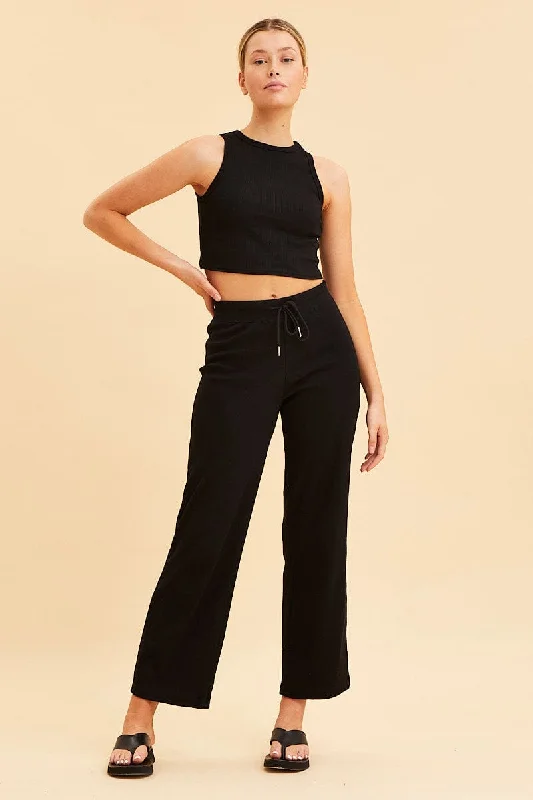 Black Cropped Tank Cotton Blend Rib High Neck Racer Back