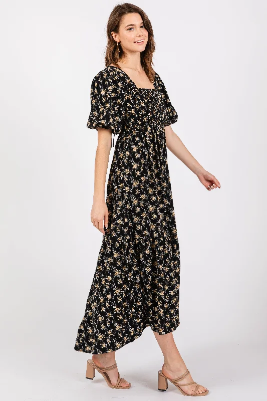 Black Floral Smocked Square Neck Short Puff Sleeve Midi Dress