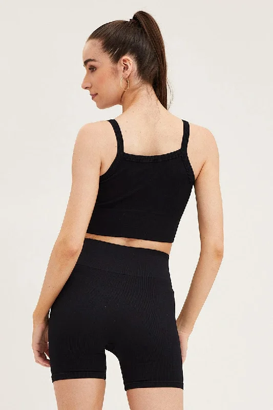 Black High Neck Rib Bind Detail Seamless Tank