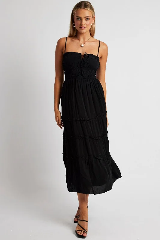 Black Midi Dress Strappy Gathered Bust