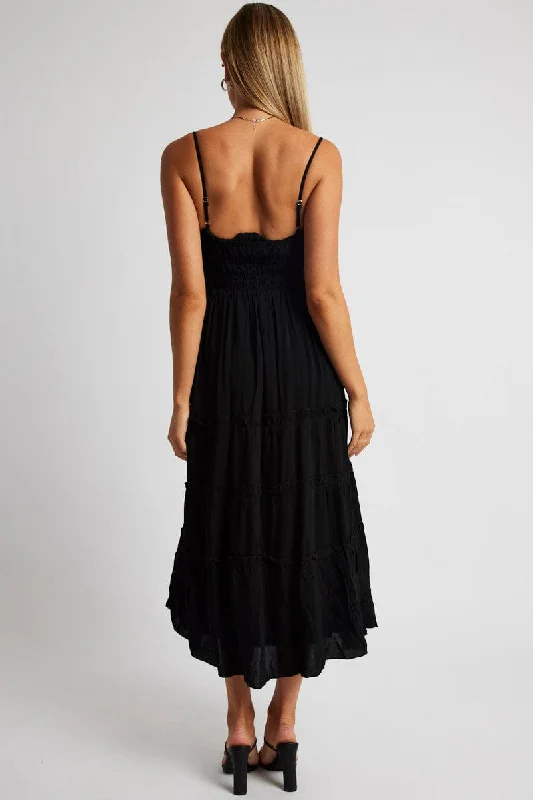 Black Midi Dress Strappy Gathered Bust