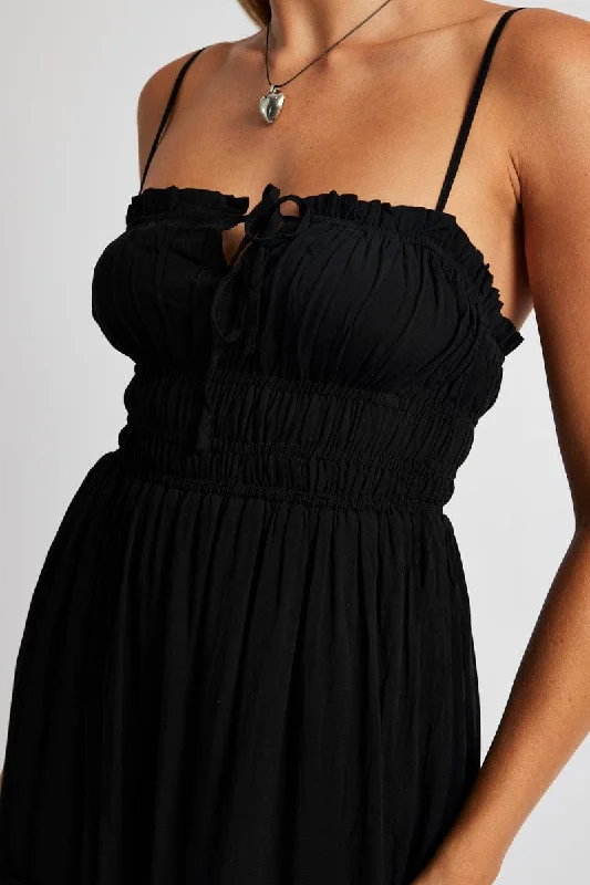 Black Midi Dress Strappy Gathered Bust