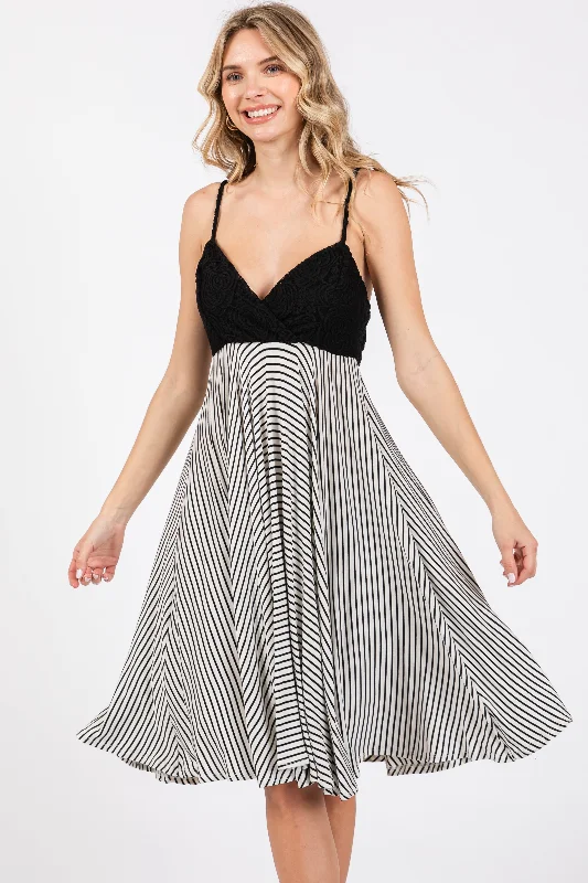 Black Striped Lace V-Neck Dress