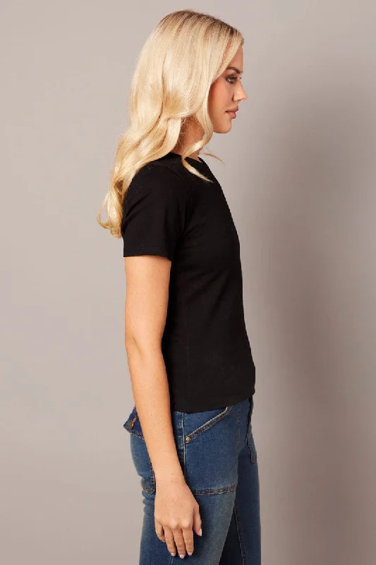 Black T Shirt Short Sleeve Round Neck Longline Lined