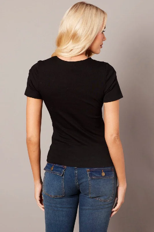 Black T Shirt Short Sleeve Round Neck Longline Lined