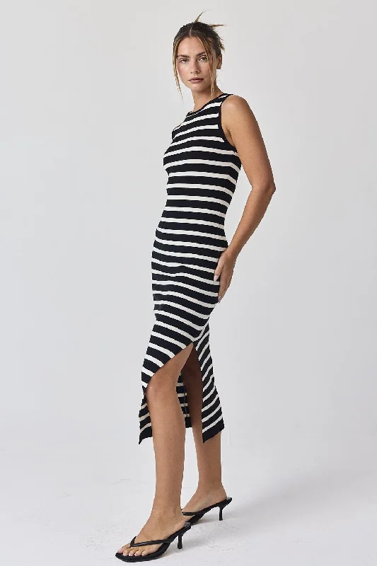 Black White Striped Knit Sleeveless Side Slit Midi Dress