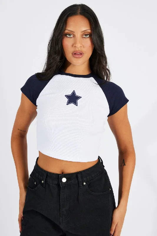 Blue Crop Top Short Sleeve Raglan