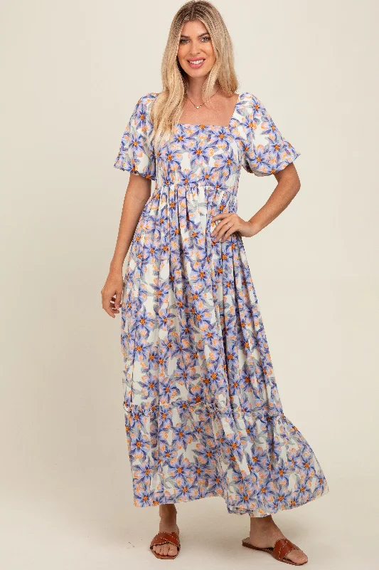 Blue Floral Ruffle Accent Maxi Dress