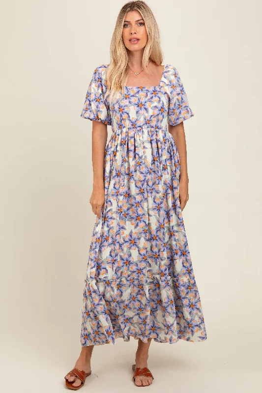 Blue Floral Ruffle Accent Maxi Dress