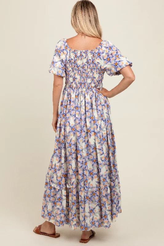 Blue Floral Ruffle Accent Maxi Dress