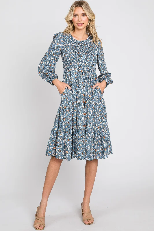 Blue Floral Smocked 3/4 Sleeve Tiered Midi Dress