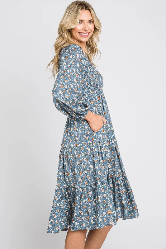 Blue Floral Smocked 3/4 Sleeve Tiered Midi Dress