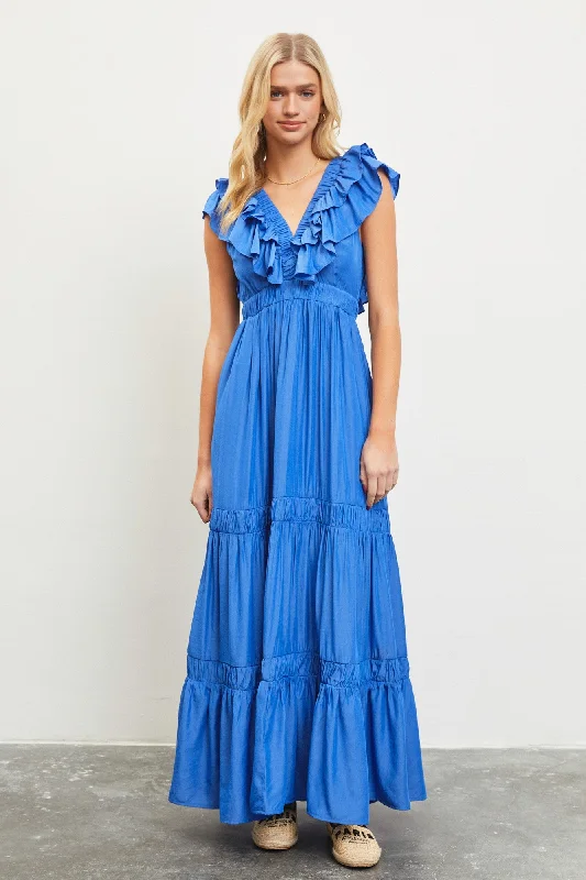 Blue Layered Ruffle Tiered Maxi Dress