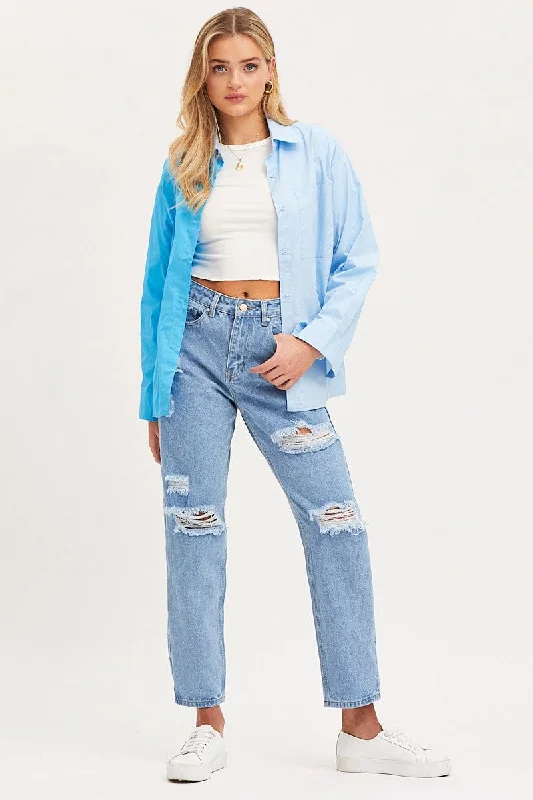 Blue Oversized Shirts Long Sleeve Collared