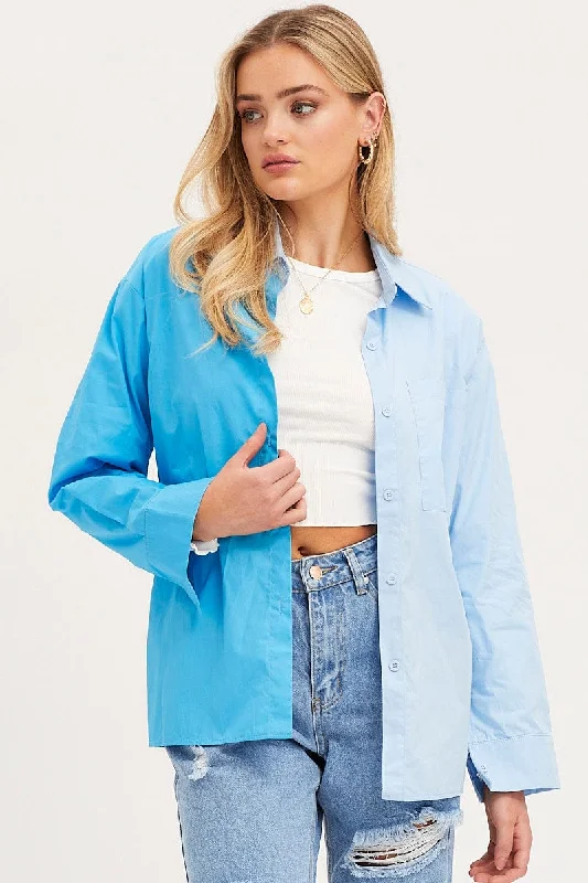 Blue Oversized Shirts Long Sleeve Collared