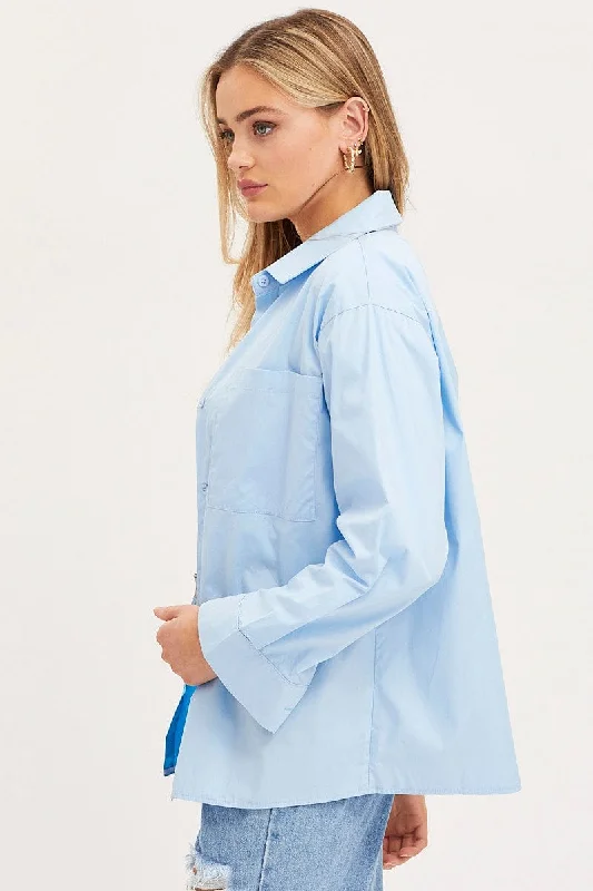 Blue Oversized Shirts Long Sleeve Collared