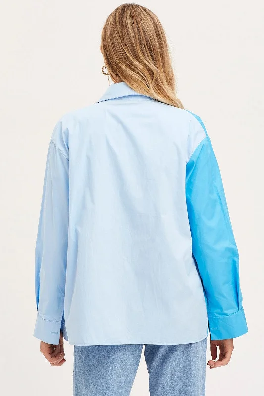 Blue Oversized Shirts Long Sleeve Collared