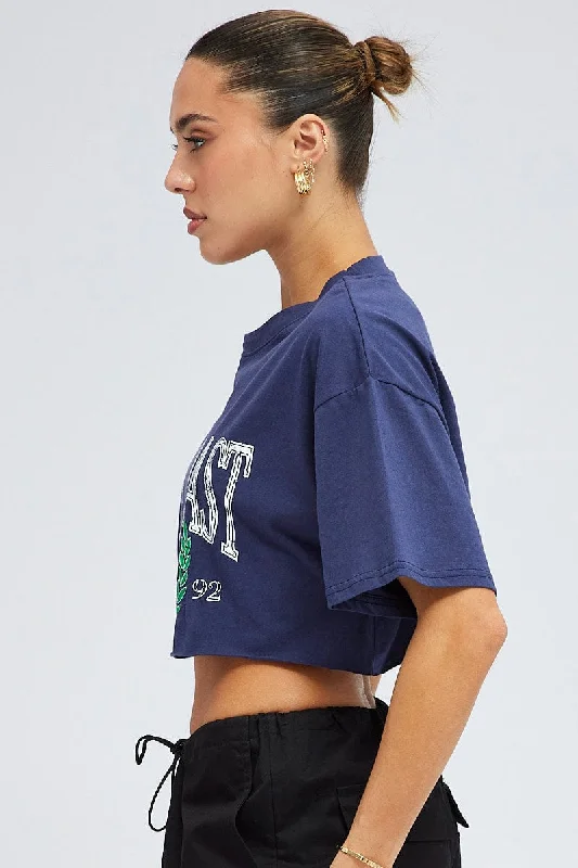 Blue Print Graphic Tee Crop Relaxed Varsity Slogan T-shirt