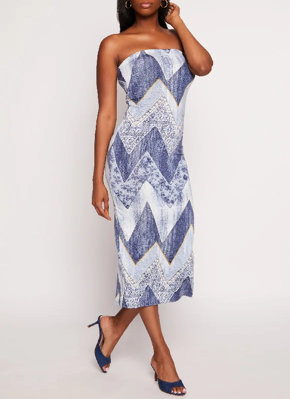 Printed Strapless Bodycon Midi Dress