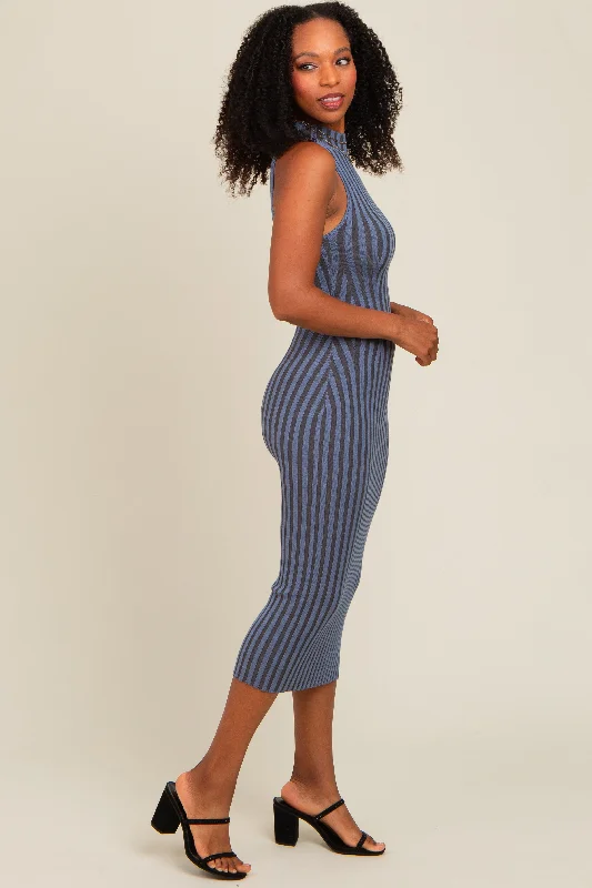 Blue Ribbed Knit Mock Neck Fitted Dress