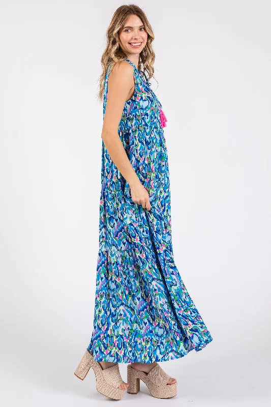 Blue Sleeveless V-Neck Ruffle Neck Tiered Maxi Dress