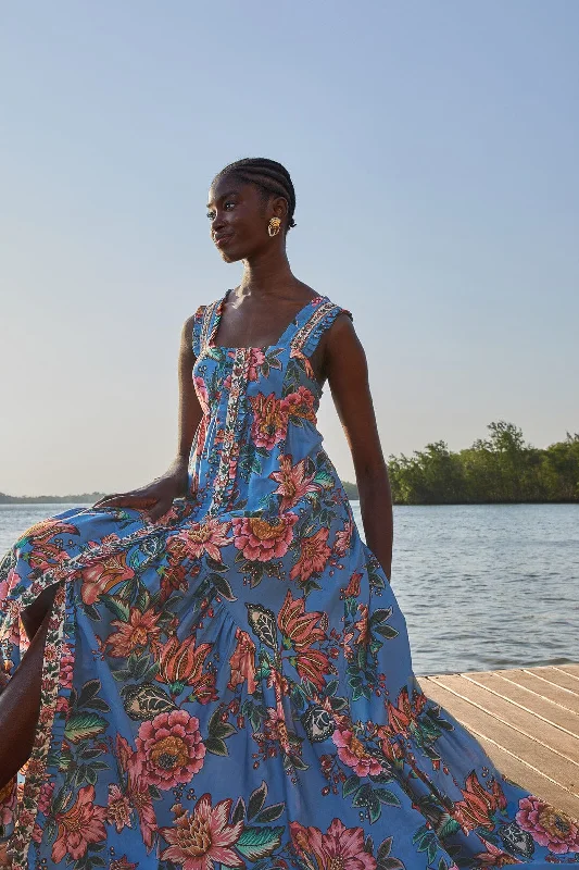 Blue Wonderful Bouquet Sleeveless Maxi Dress