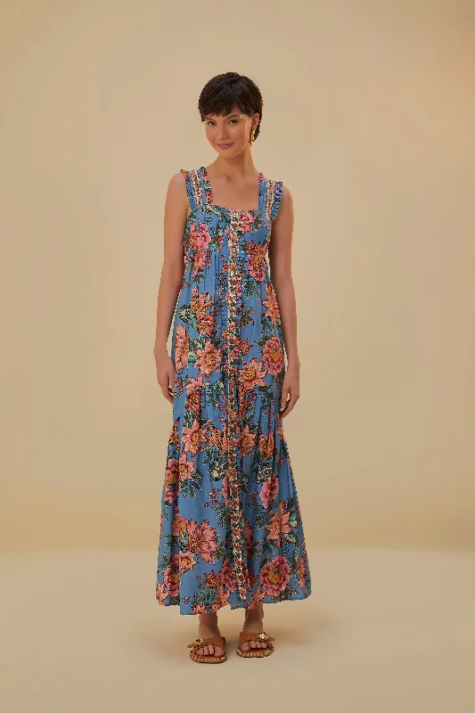 Blue Wonderful Bouquet Sleeveless Maxi Dress