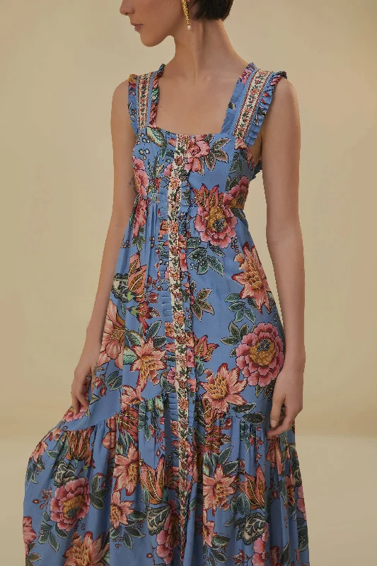 Blue Wonderful Bouquet Sleeveless Maxi Dress