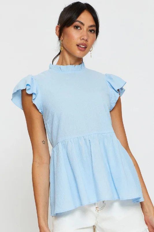 Blue Workwear Blouse Short Sleeve Linen