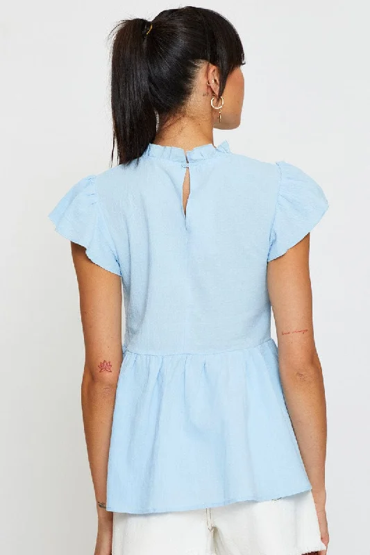 Blue Workwear Blouse Short Sleeve Linen