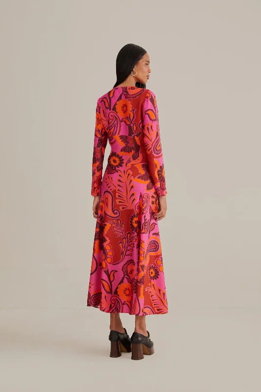 Pink Bold Floral Long Sleeve Maxi Dress