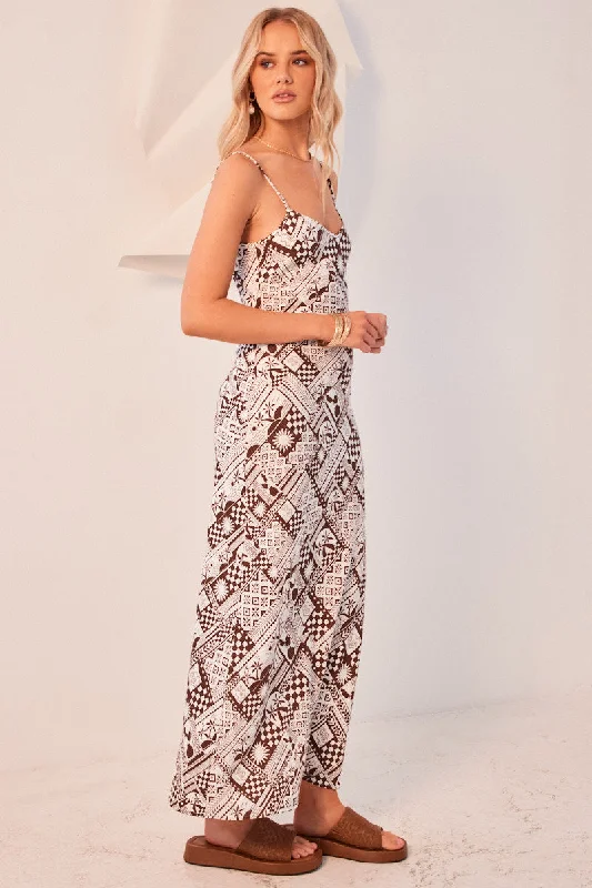 Brown Abstract Maxi Dress Bias Cut Linen Blend