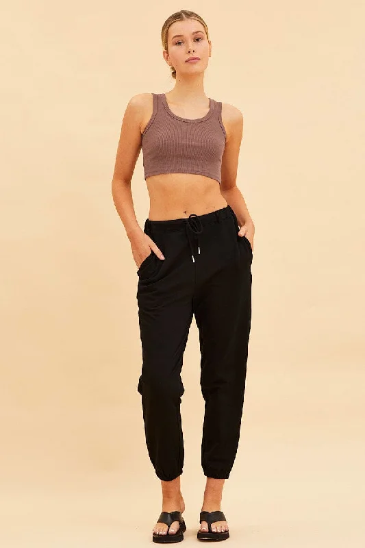 Brown Cropped Tank Cotton Blend Rib Racer Back