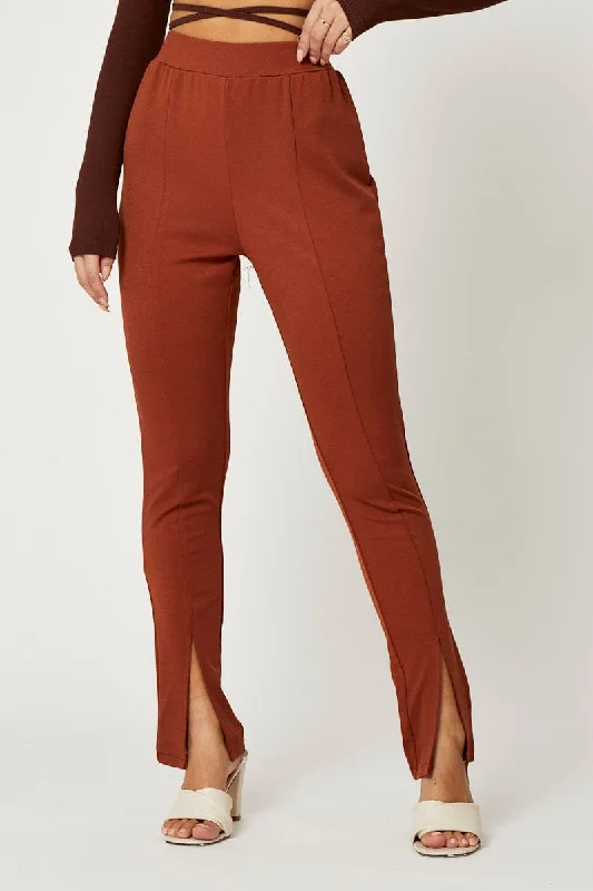 Brown High Rise Leggings Front Split