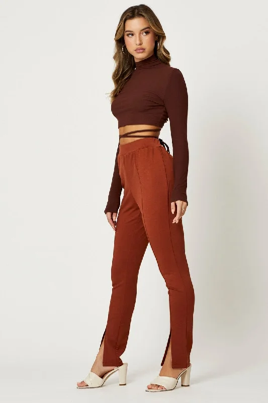 Brown High Rise Leggings Front Split