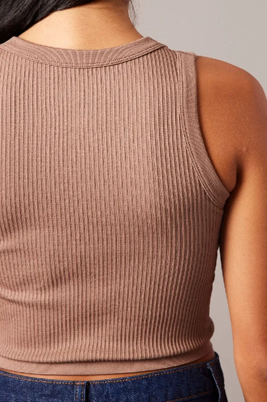 Brown Tank Top Crew Neck Seamless