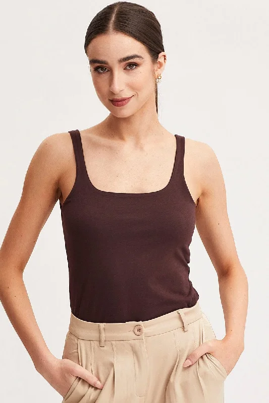 Brown Tank Top Sleeveless Square Neck Cotton