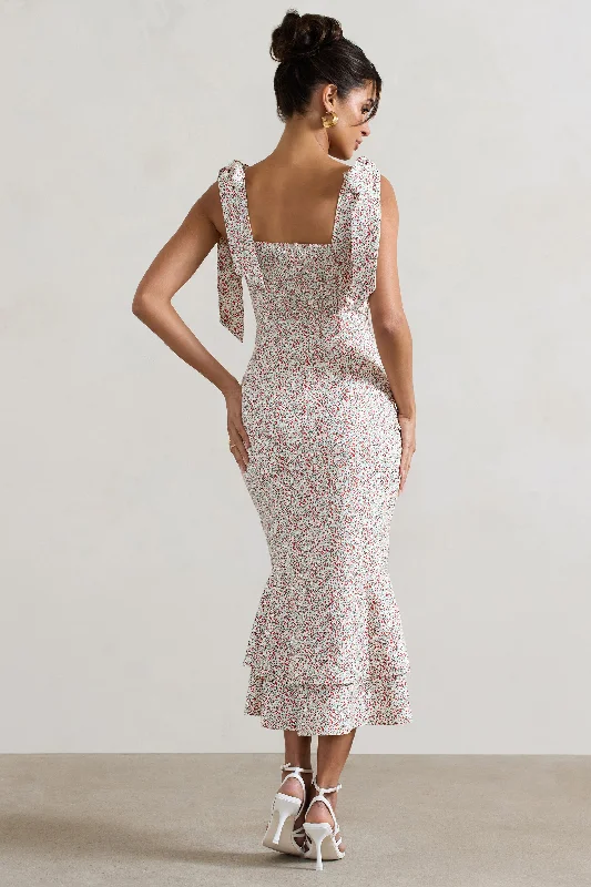 Caserta | White & Red Floral Buttoned Midi Dress With Flared Hem